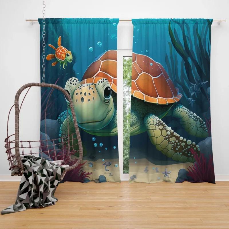 Cartoon Turtle Underwater with Friends Window Curtain