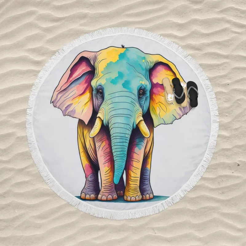 Cheerful Elephant Drawing Round Beach Towel