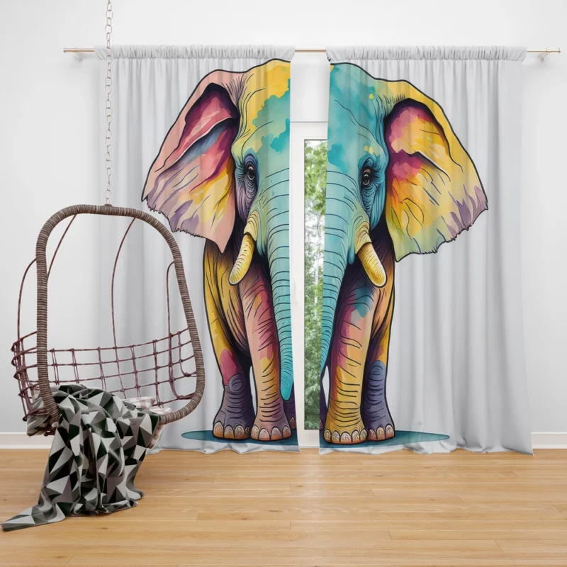 Cheerful Elephant Drawing Window Curtain