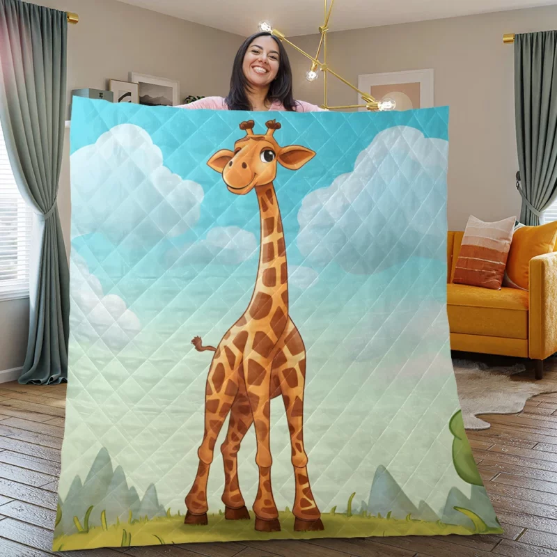 Cheerful Giraffe Under Blue Sky Quilt Blanket