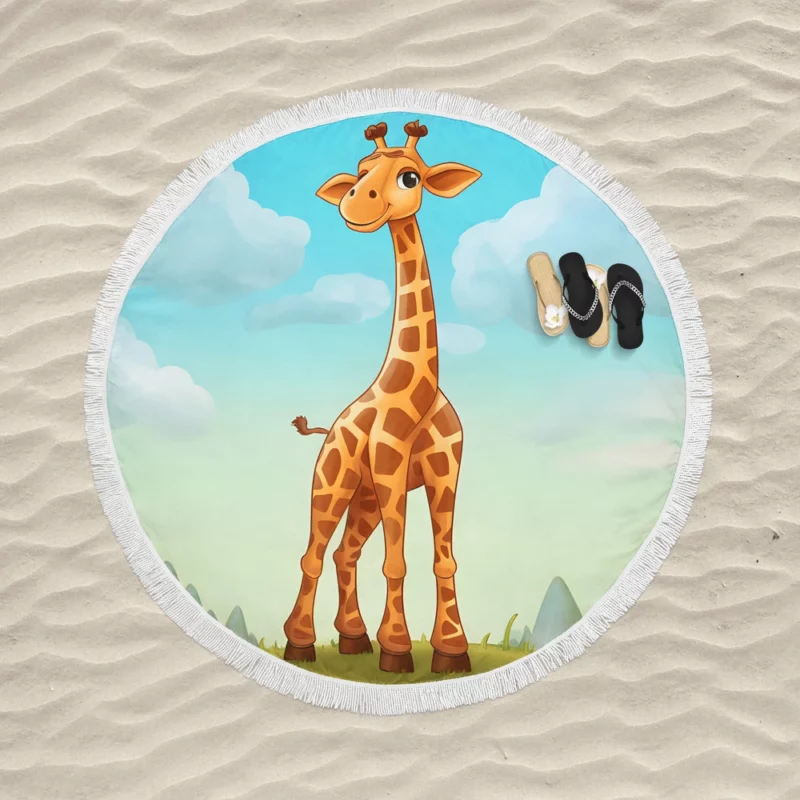 Cheerful Giraffe Under Blue Sky Round Beach Towel