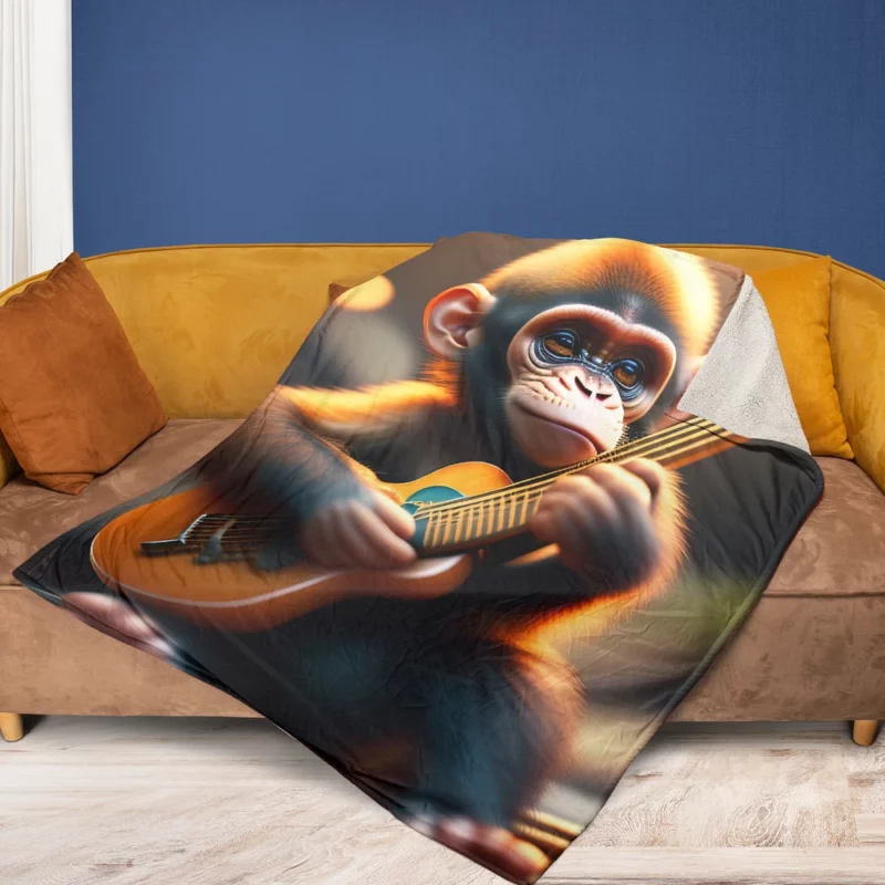 Chimpanzee Playing Guitar Fleece Blanket 1