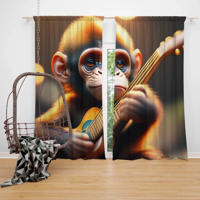 Chimpanzee Playing Guitar Window Curtain