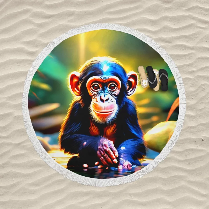 Chimpanzee Waterside Reverie Round Beach Towel