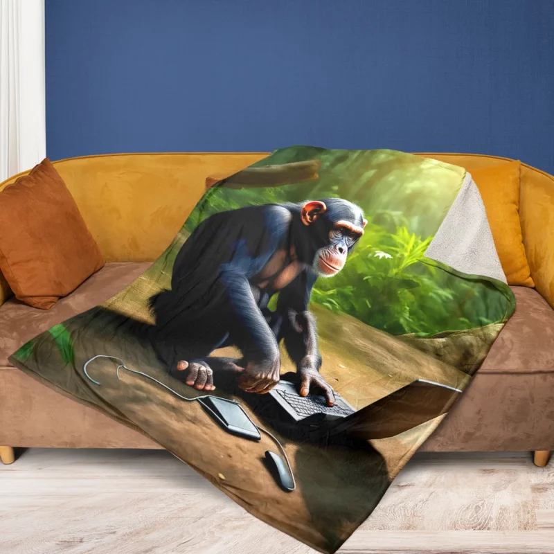 Chimpanzee With Computer Fleece Blanket 1