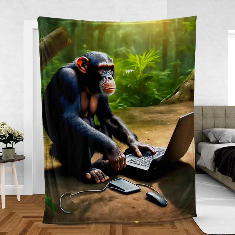 Chimpanzee With Computer Fleece Blanket