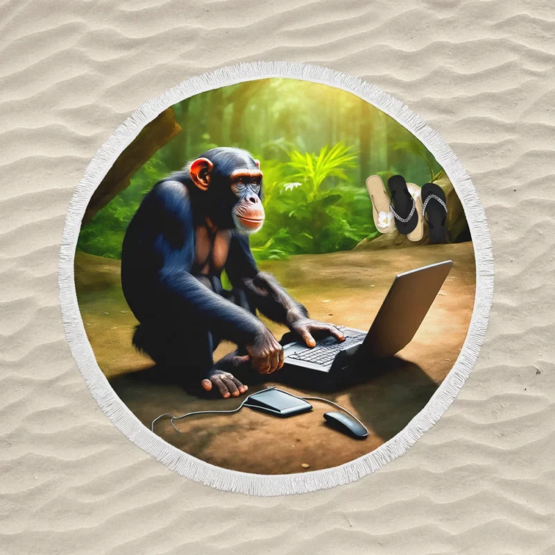 Chimpanzee With Computer Round Beach Towel