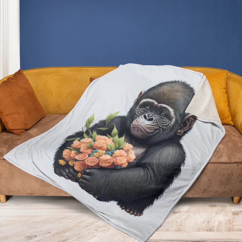 Chimpanzee With Flowers Fleece Blanket 1