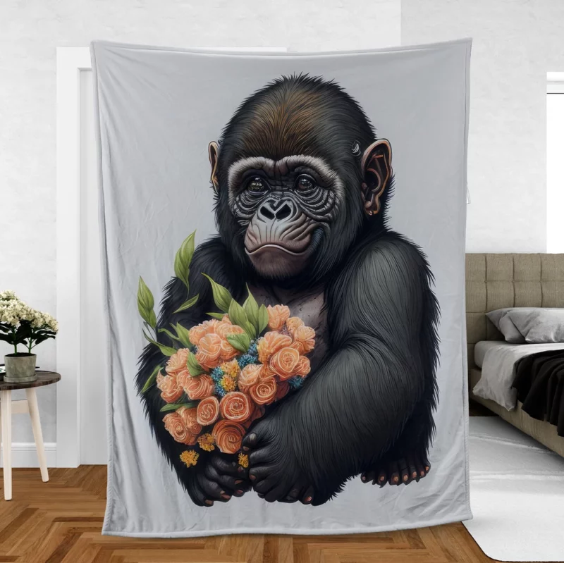 Chimpanzee With Flowers Fleece Blanket