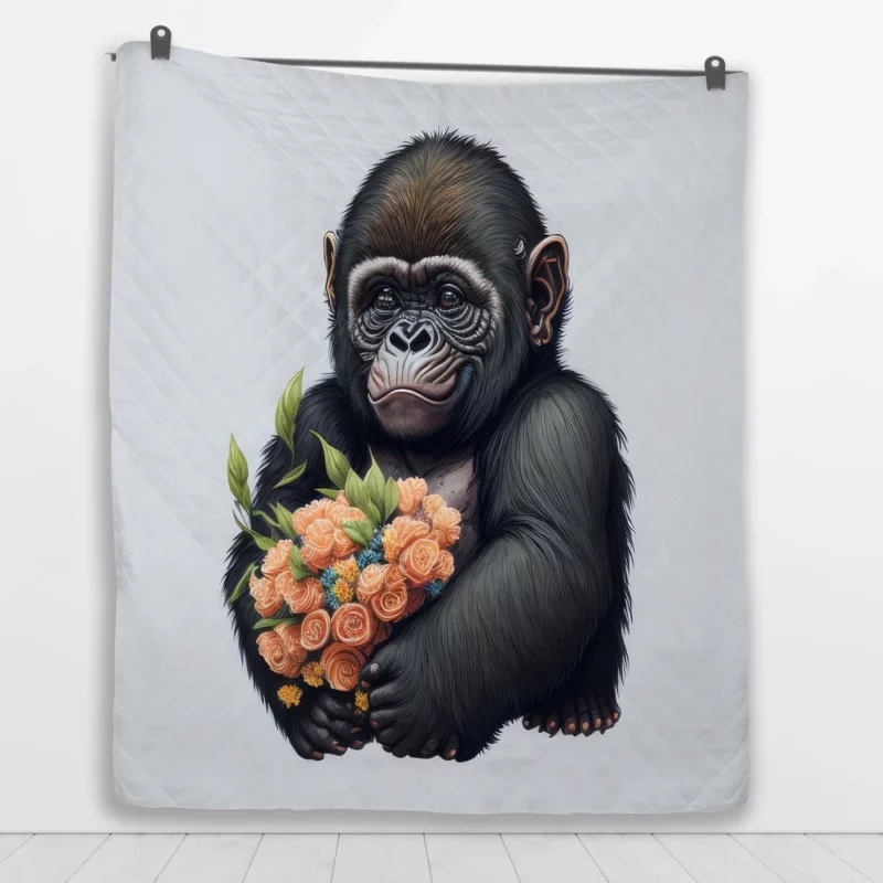 Chimpanzee With Flowers Quilt Blanket 1