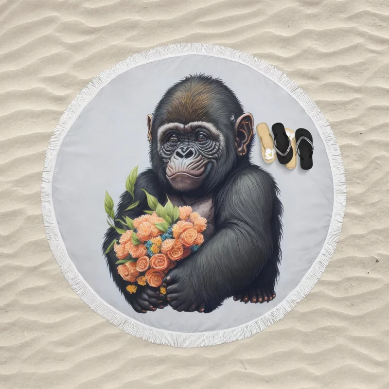 Chimpanzee With Flowers Round Beach Towel