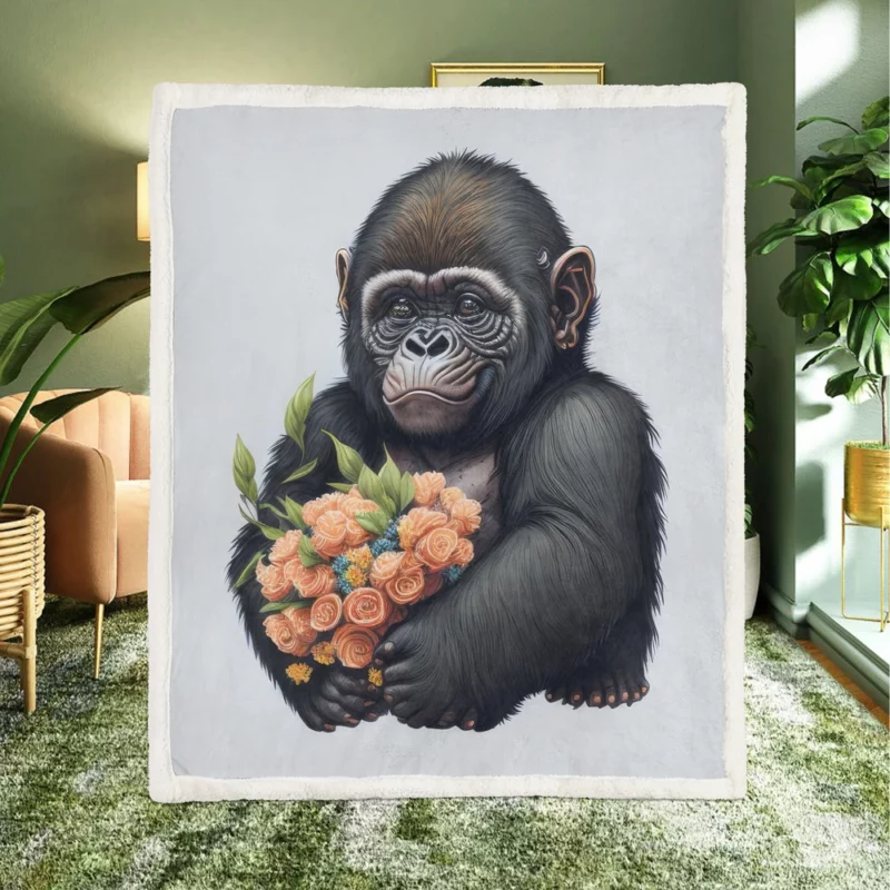 Chimpanzee With Flowers Sherpa Fleece Blanket