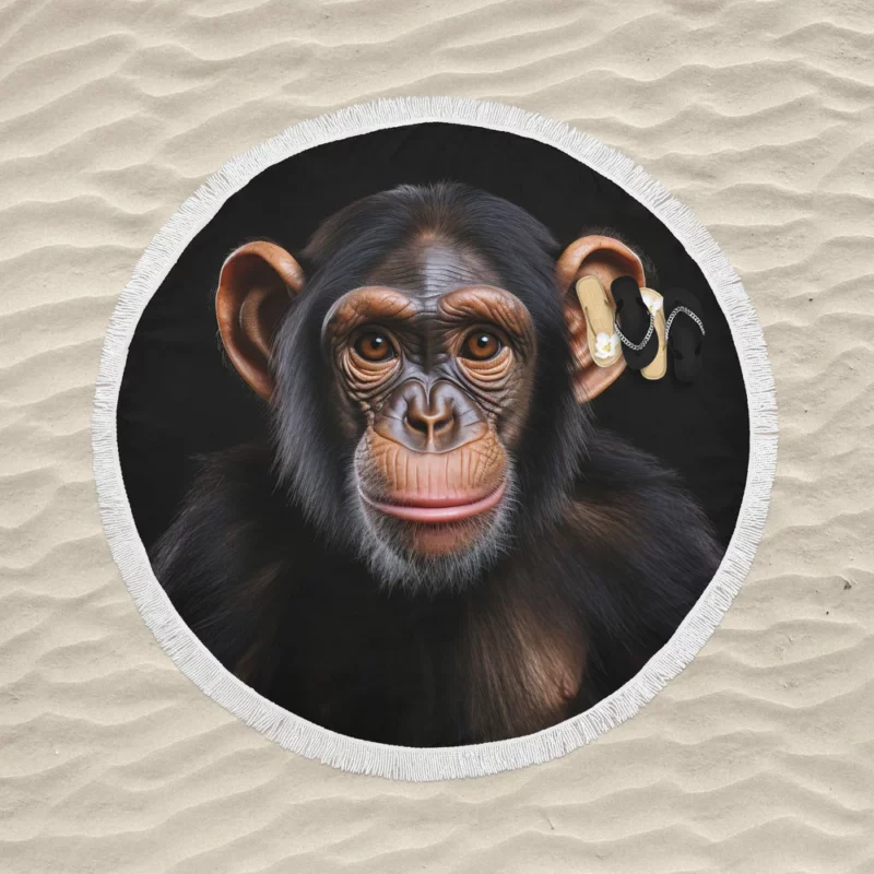 Chimpanzee on Black Background Round Beach Towel