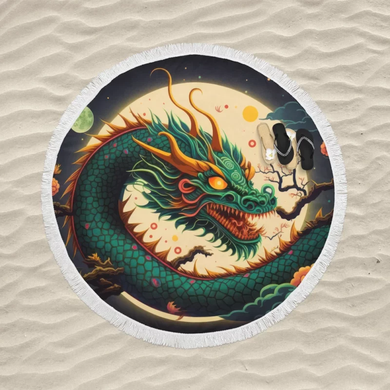 Chinese Dragon Illustration Round Beach Towel