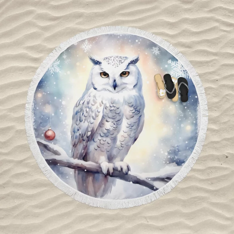 Christmas Snowy Owl Round Beach Towel