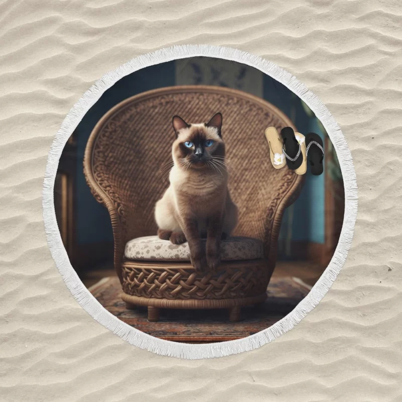 Chubby Siamese Cat Lounging Round Beach Towel