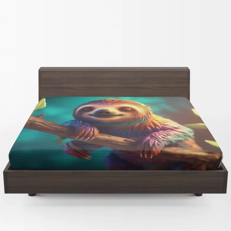 Close-up Sloth on Leafy Tree Branch Fitted Sheet 1