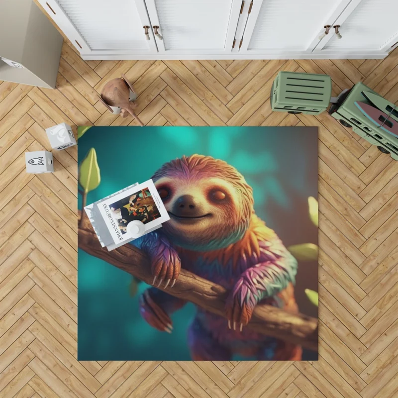 Close-up Sloth on Leafy Tree Branch Rug