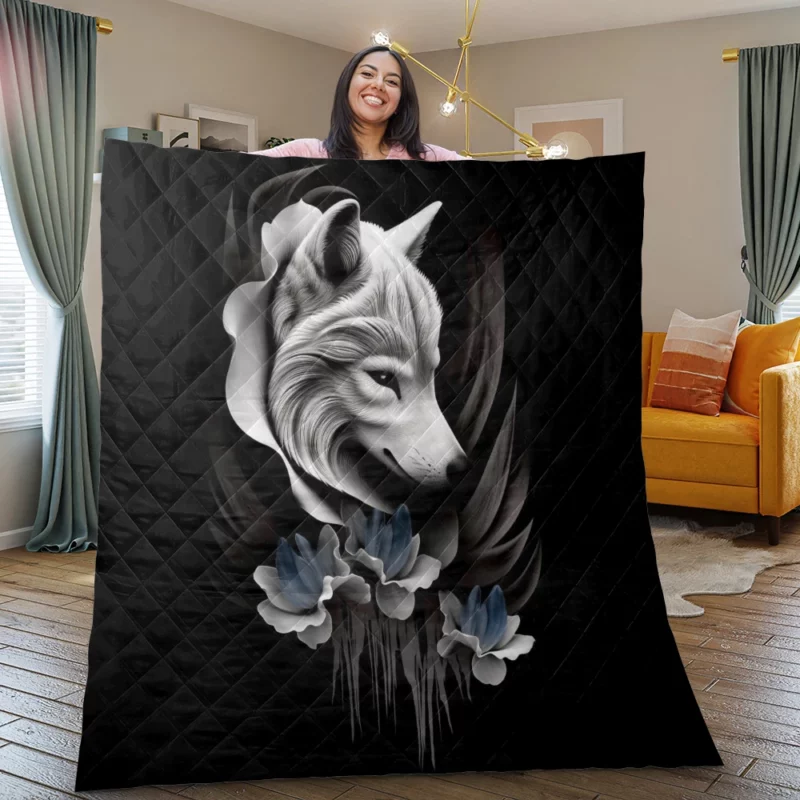 Close-up Wolf Skull with Impressive Horns Quilt Blanket