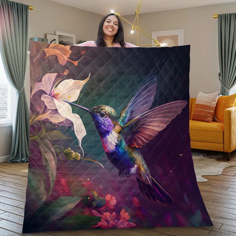 Colorful Hummingbird AI Art Quilt Blanket