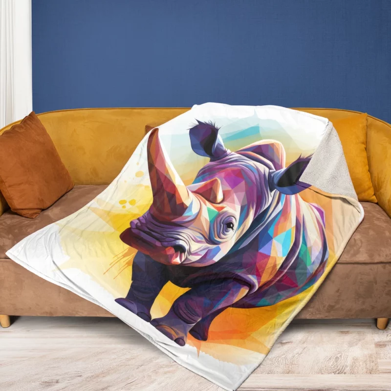 Colorful Low Poly Rhino Fleece Blanket 1