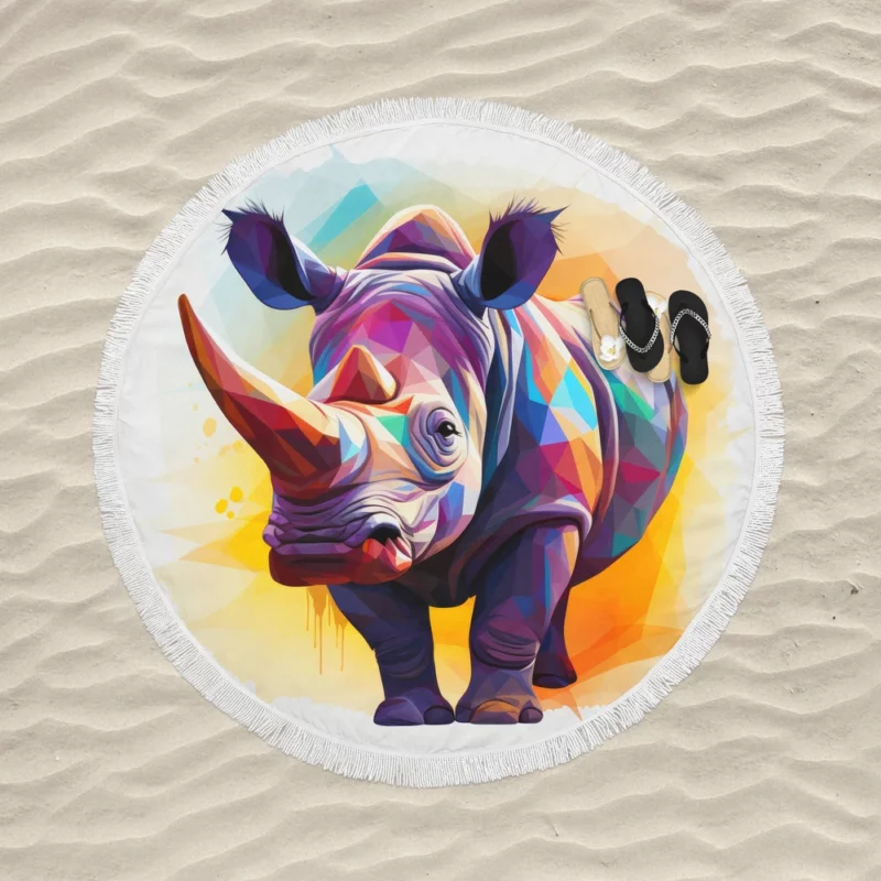 Colorful Low Poly Rhino Round Beach Towel