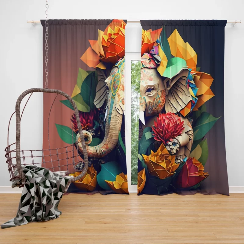 Colorful Origami Ganesha Window Curtain