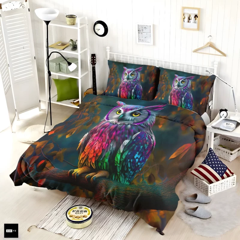 Colorful Owl on a Branch Bedding Set