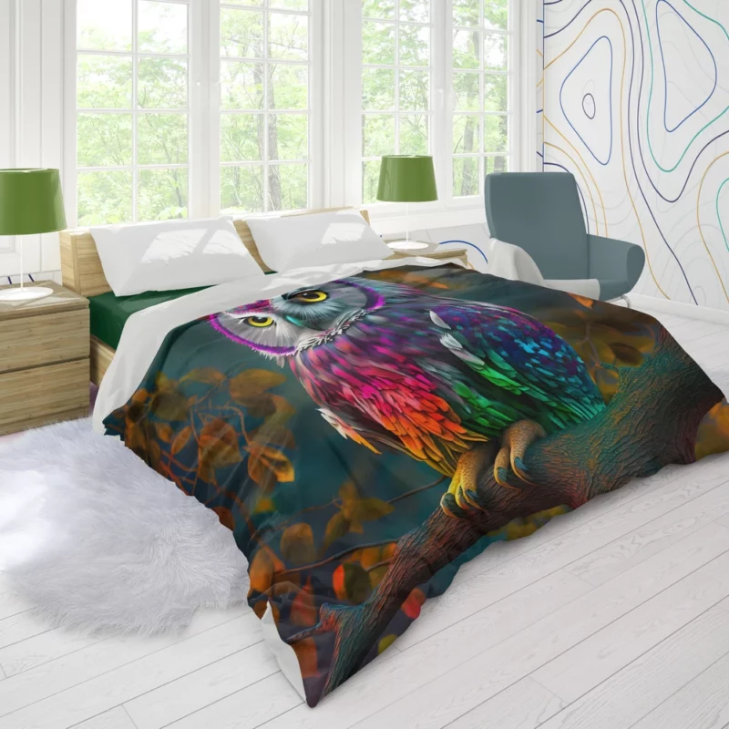 Colorful Owl on a Branch Duvet Cover