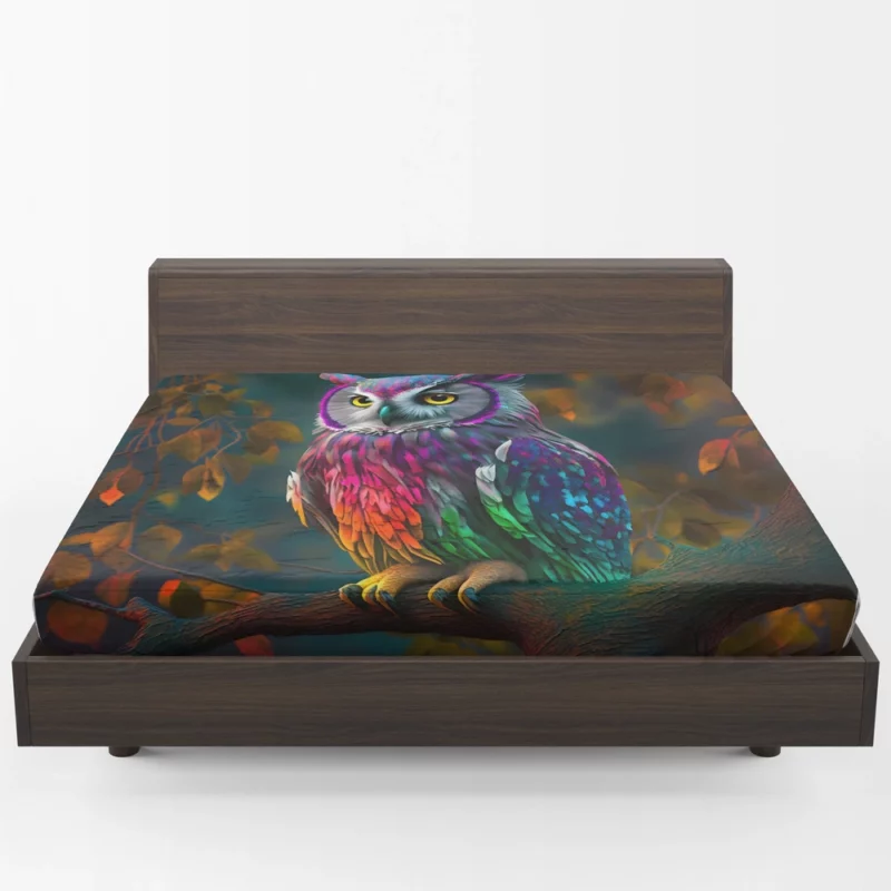 Colorful Owl on a Branch Fitted Sheet 1