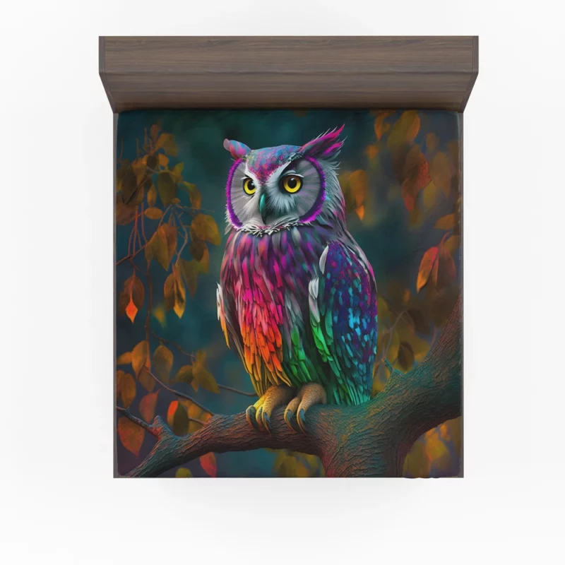 Colorful Owl on a Branch Fitted Sheet