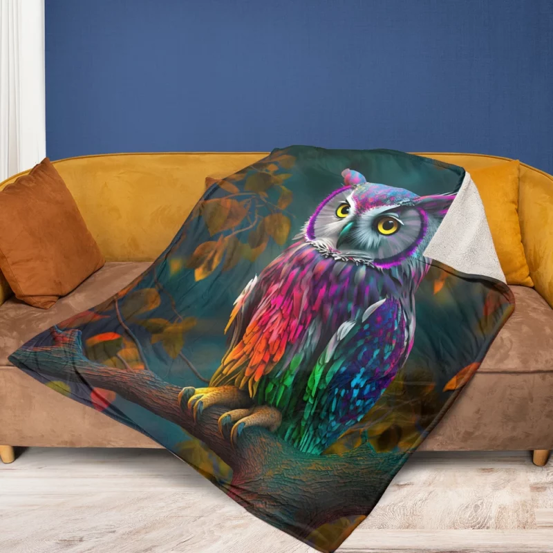 Colorful Owl on a Branch Fleece Blanket 1