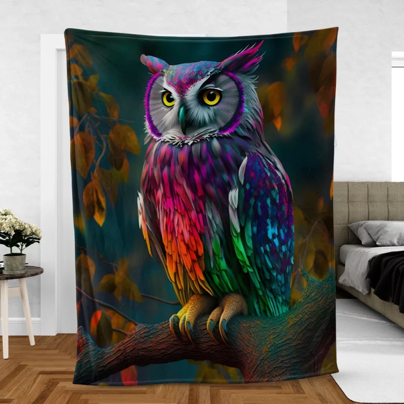 Colorful Owl on a Branch Fleece Blanket