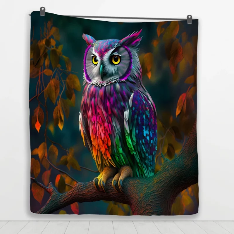 Colorful Owl on a Branch Quilt Blanket 1