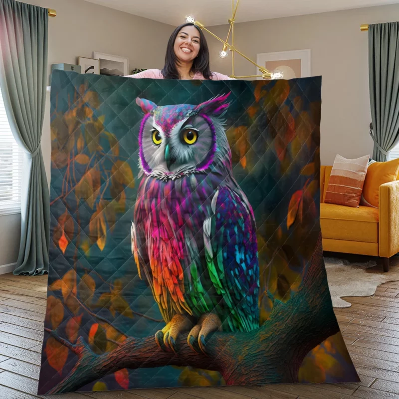 Colorful Owl on a Branch Quilt Blanket