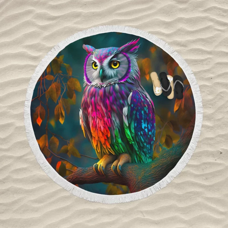 Colorful Owl on a Branch Round Beach Towel