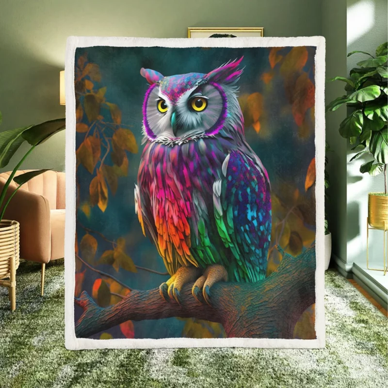 Colorful Owl on a Branch Sherpa Fleece Blanket