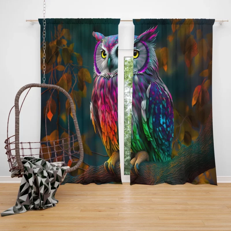 Colorful Owl on a Branch Window Curtain