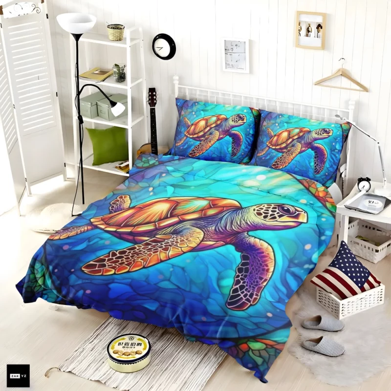 Colorful Sea Turtle with Sea Caption Bedding Set