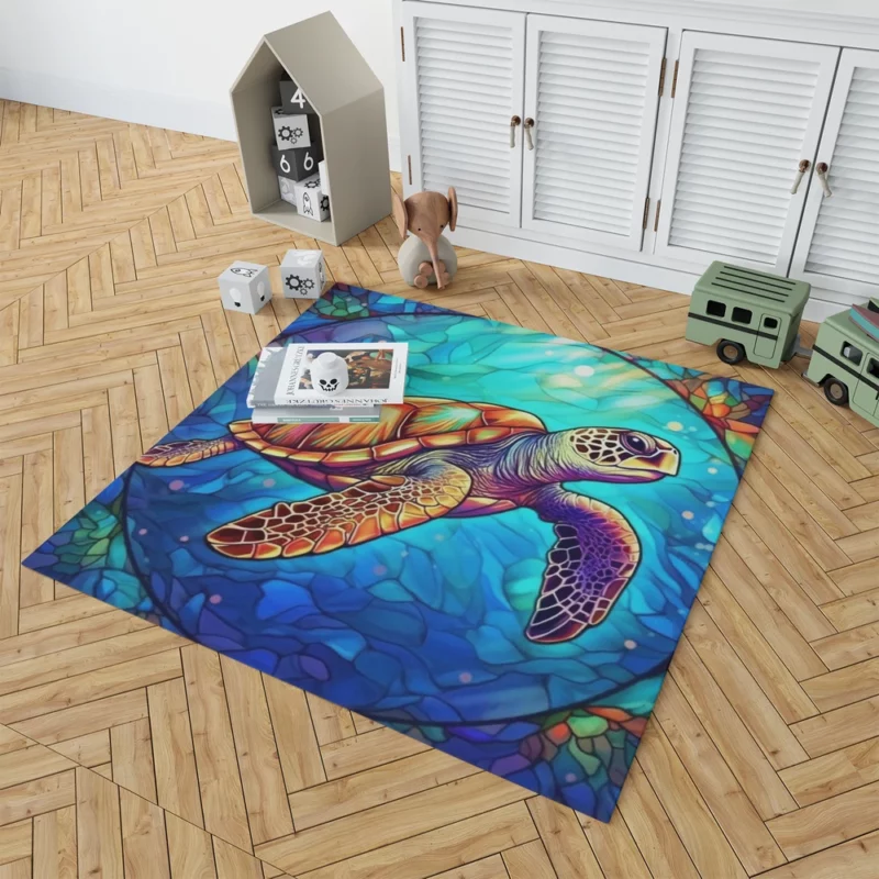 Colorful Sea Turtle with Sea Caption Rug 1