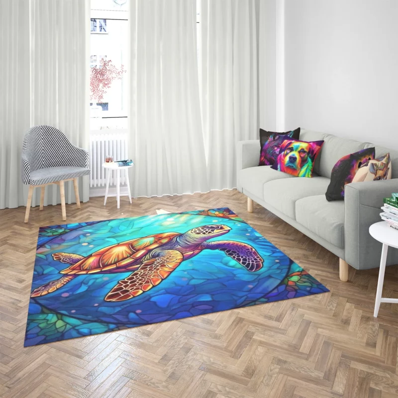 Colorful Sea Turtle with Sea Caption Rug 2