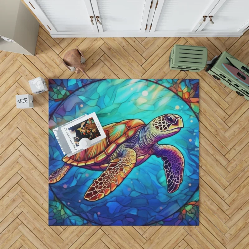 Colorful Sea Turtle with Sea Caption Rug