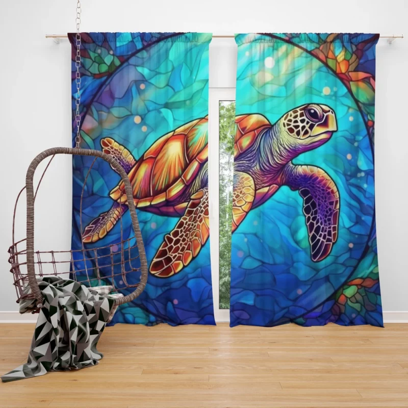 Colorful Sea Turtle with Sea Caption Window Curtain