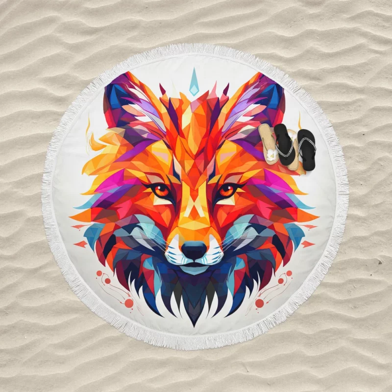 Colorful Wolf Head Artwork Round Beach Towel