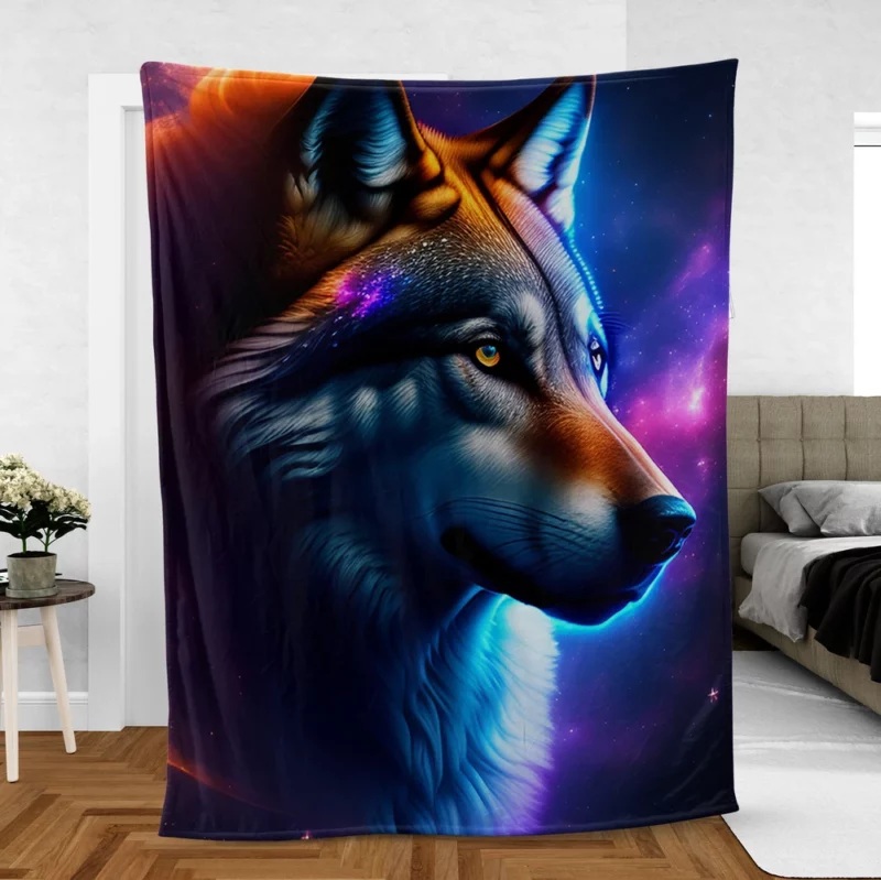 Colorful Wolf on a Blue-Purple Background Fleece Blanket