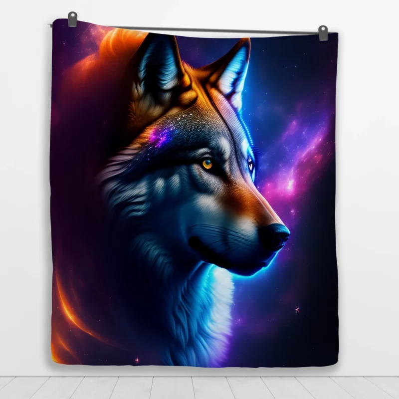 Colorful Wolf on a Blue-Purple Background Quilt Blanket 1