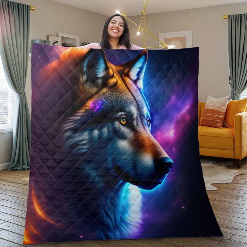 Colorful Wolf on a Blue-Purple Background Quilt Blanket