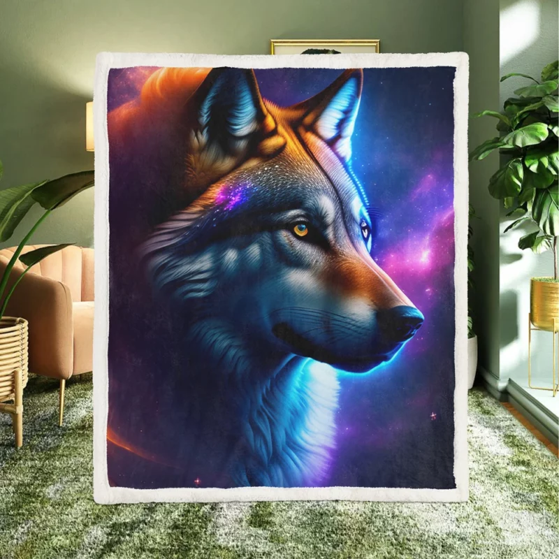 Colorful Wolf on a Blue-Purple Background Sherpa Fleece Blanket