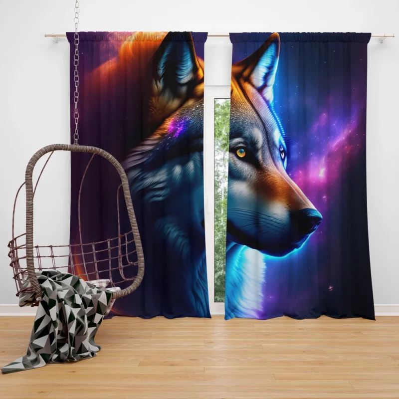 Colorful Wolf on a Blue-Purple Background Window Curtain
