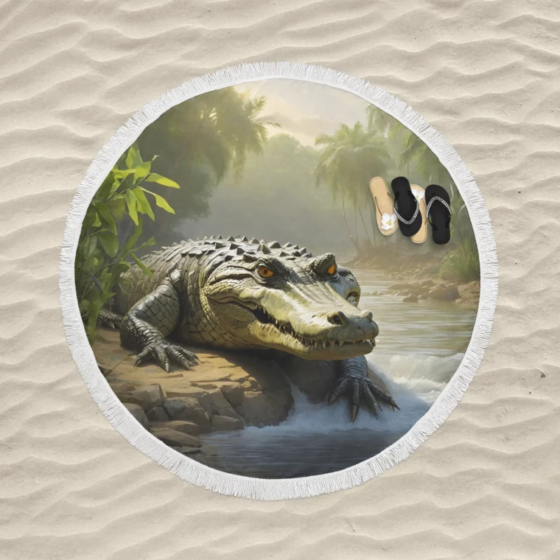 Crocodile by the Riverbank Round Beach Towel